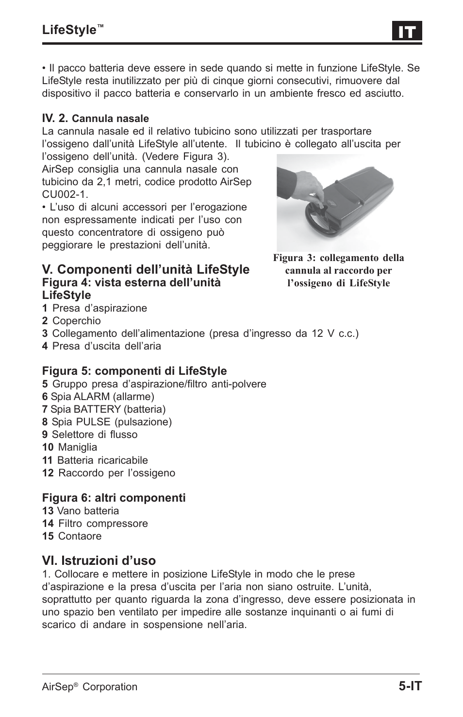 Lifestyle, V. componenti dell’unità lifestyle, Vi. istruzioni d’uso | AirSep MN112-1 User Manual | Page 115 / 208