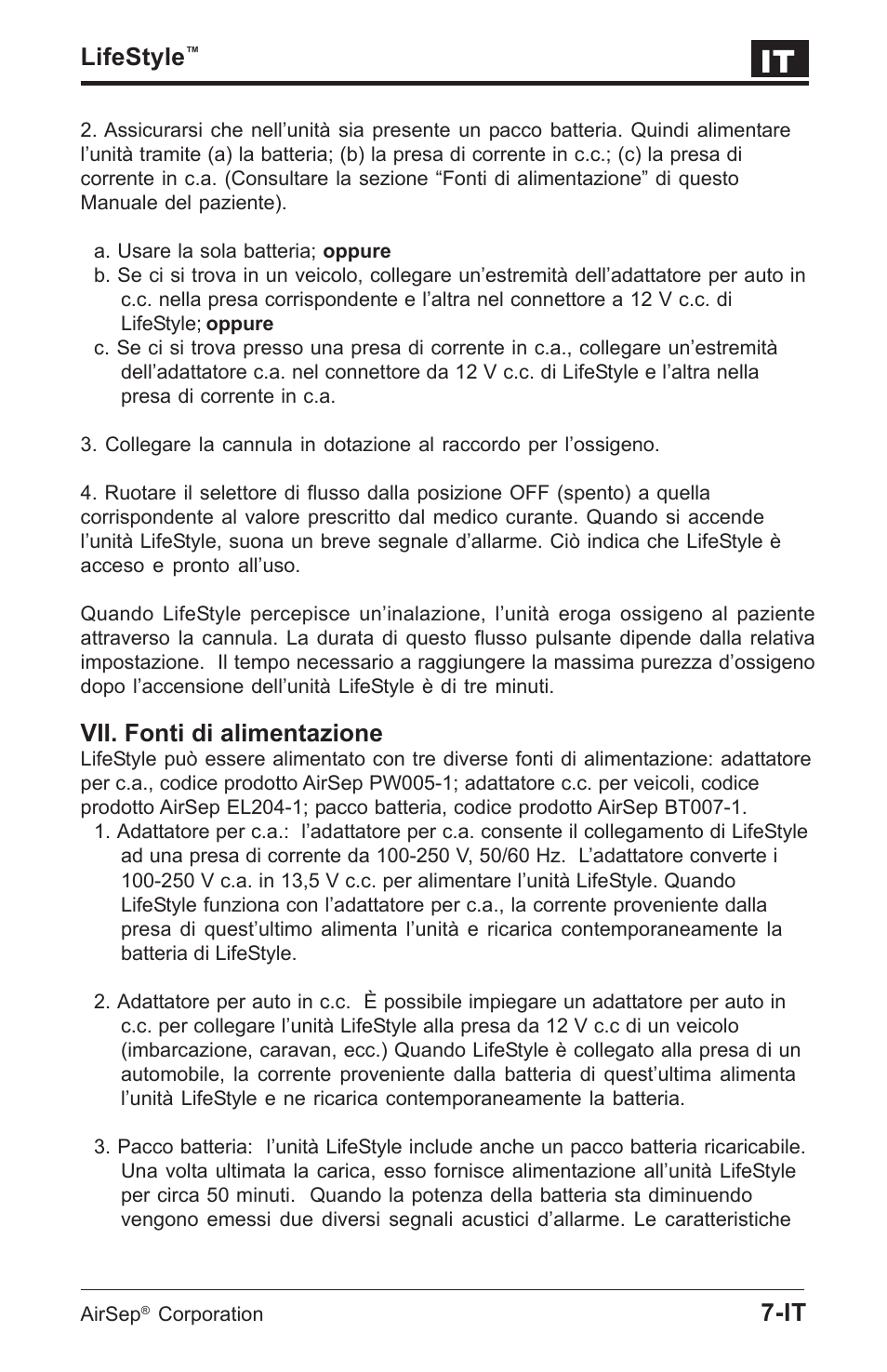 Lifestyle, Vii. fonti di alimentazione | AirSep MN112-1 User Manual | Page 117 / 208