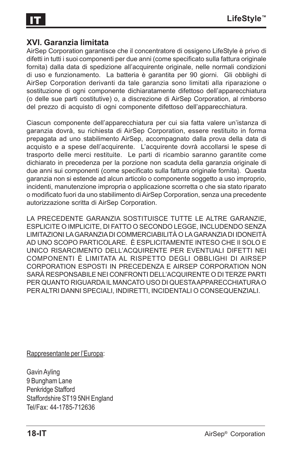 Lifestyle, Xvi. garanzia limitata | AirSep MN112-1 User Manual | Page 128 / 208