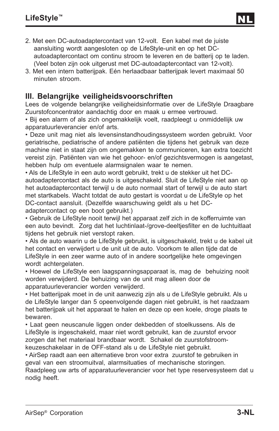 Lifestyle, Iii. belangrijke veiligheidsvoorschriften | AirSep MN112-1 User Manual | Page 133 / 208