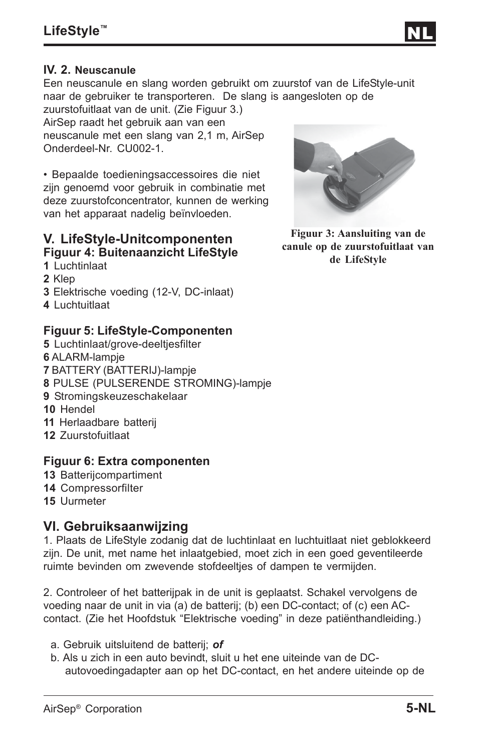 Lifestyle, V. lifestyle-unitcomponenten, Vi. gebruiksaanwijzing | AirSep MN112-1 User Manual | Page 135 / 208