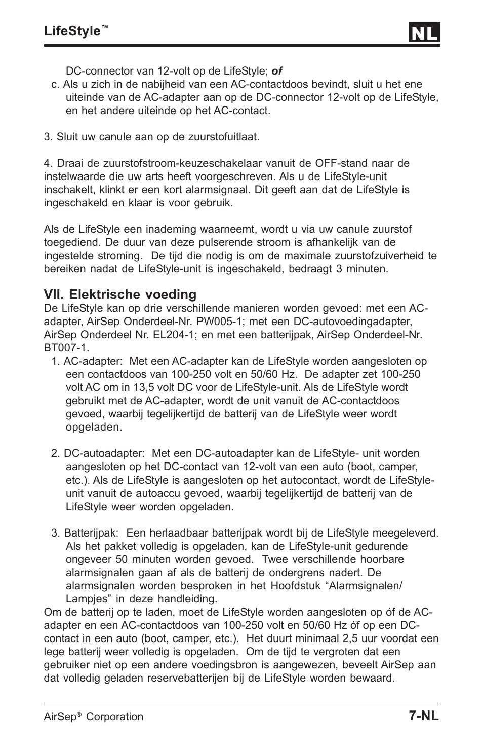 Lifestyle, Vii. elektrische voeding | AirSep MN112-1 User Manual | Page 137 / 208