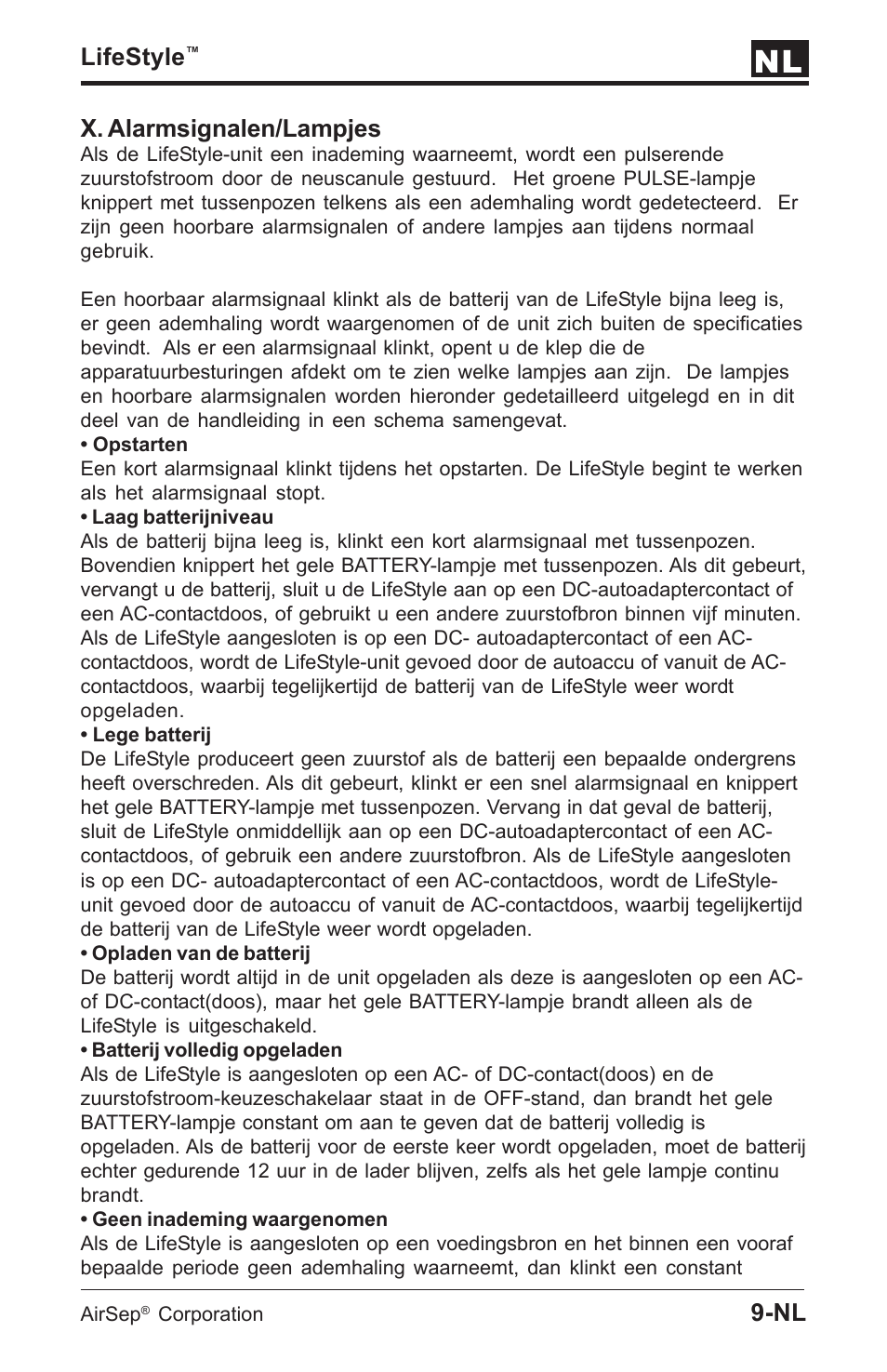 Lifestyle, X. alarmsignalen/lampjes | AirSep MN112-1 User Manual | Page 139 / 208