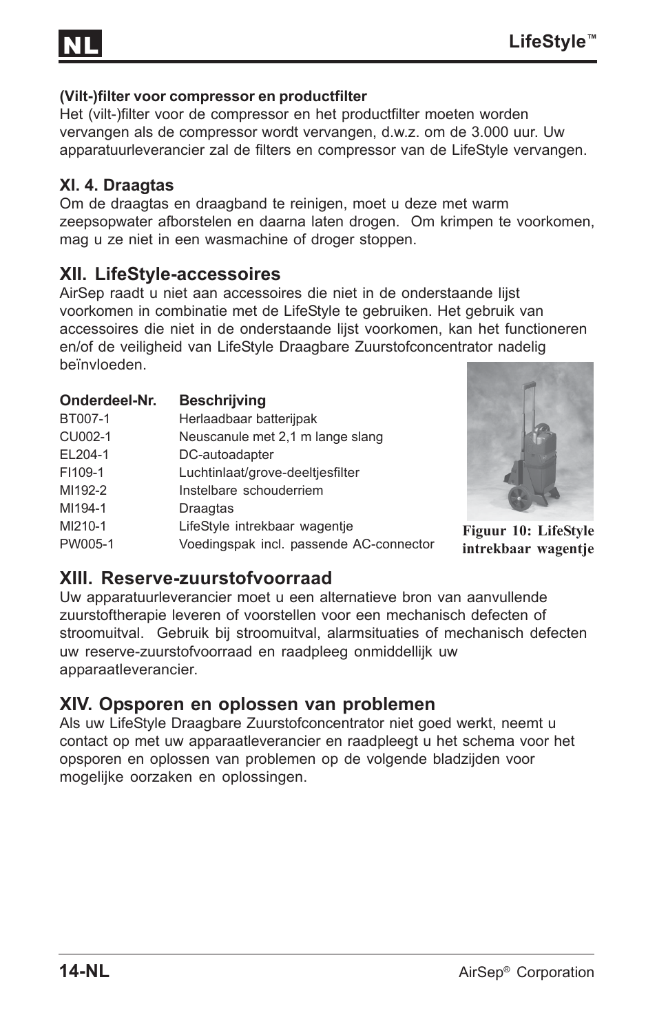 Lifestyle, Xii. lifestyle-accessoires, Xiii. reserve-zuurstofvoorraad | Xiv. opsporen en oplossen van problemen | AirSep MN112-1 User Manual | Page 144 / 208