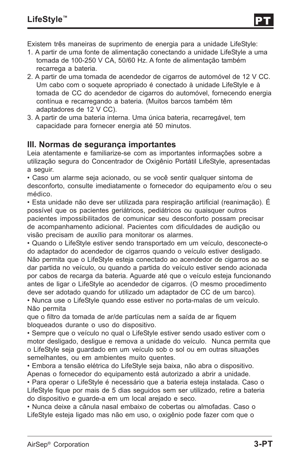 Lifestyle, Iii. normas de segurança importantes | AirSep MN112-1 User Manual | Page 153 / 208