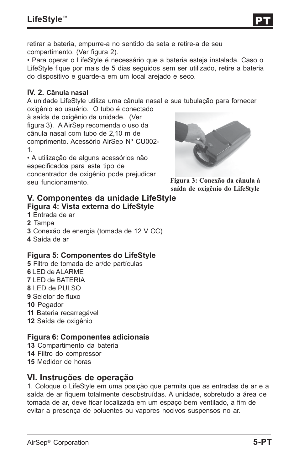 Lifestyle, V. componentes da unidade lifestyle, Vi. instruções de operação | AirSep MN112-1 User Manual | Page 155 / 208