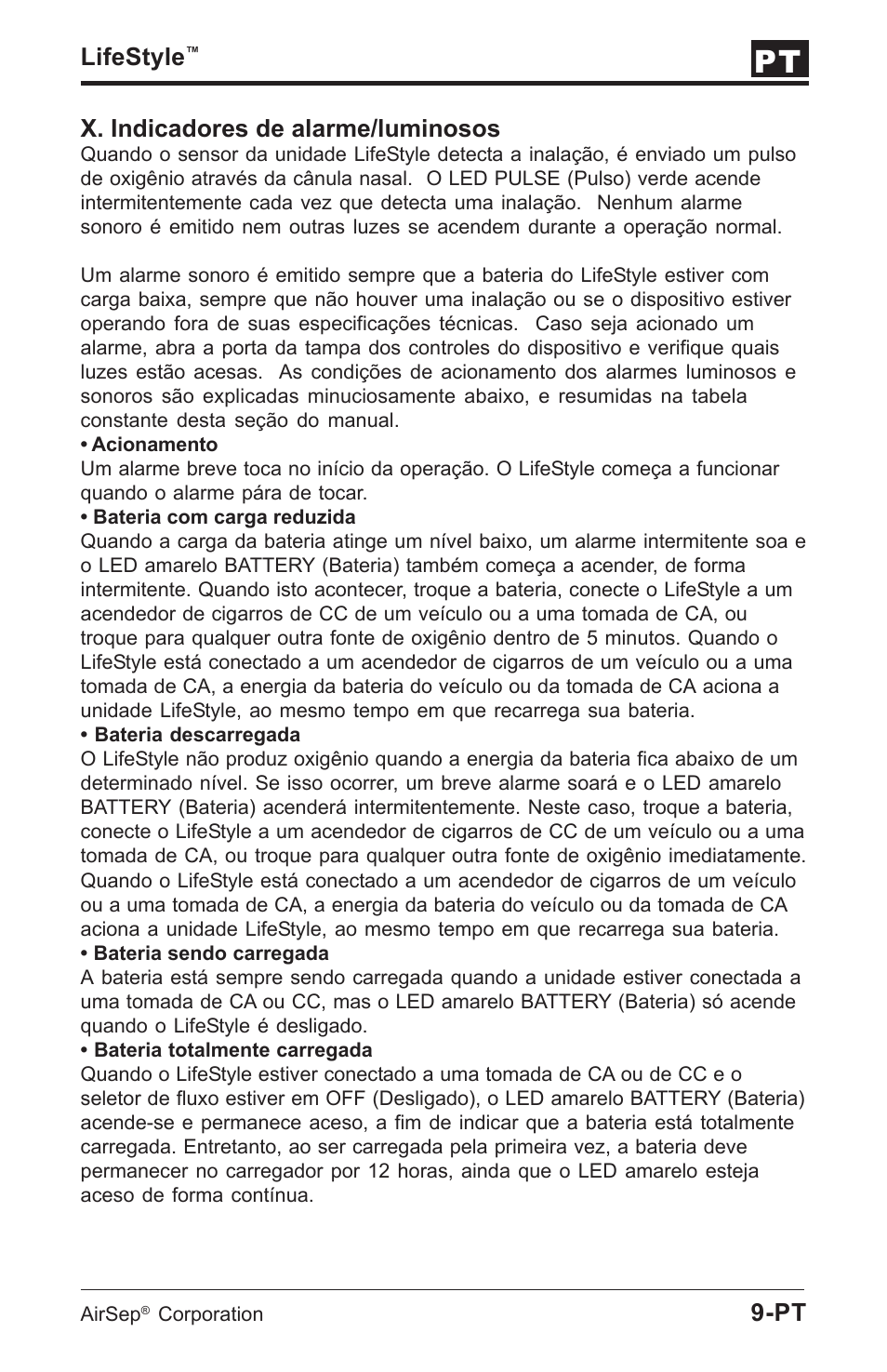 Lifestyle, X. indicadores de alarme/luminosos | AirSep MN112-1 User Manual | Page 159 / 208