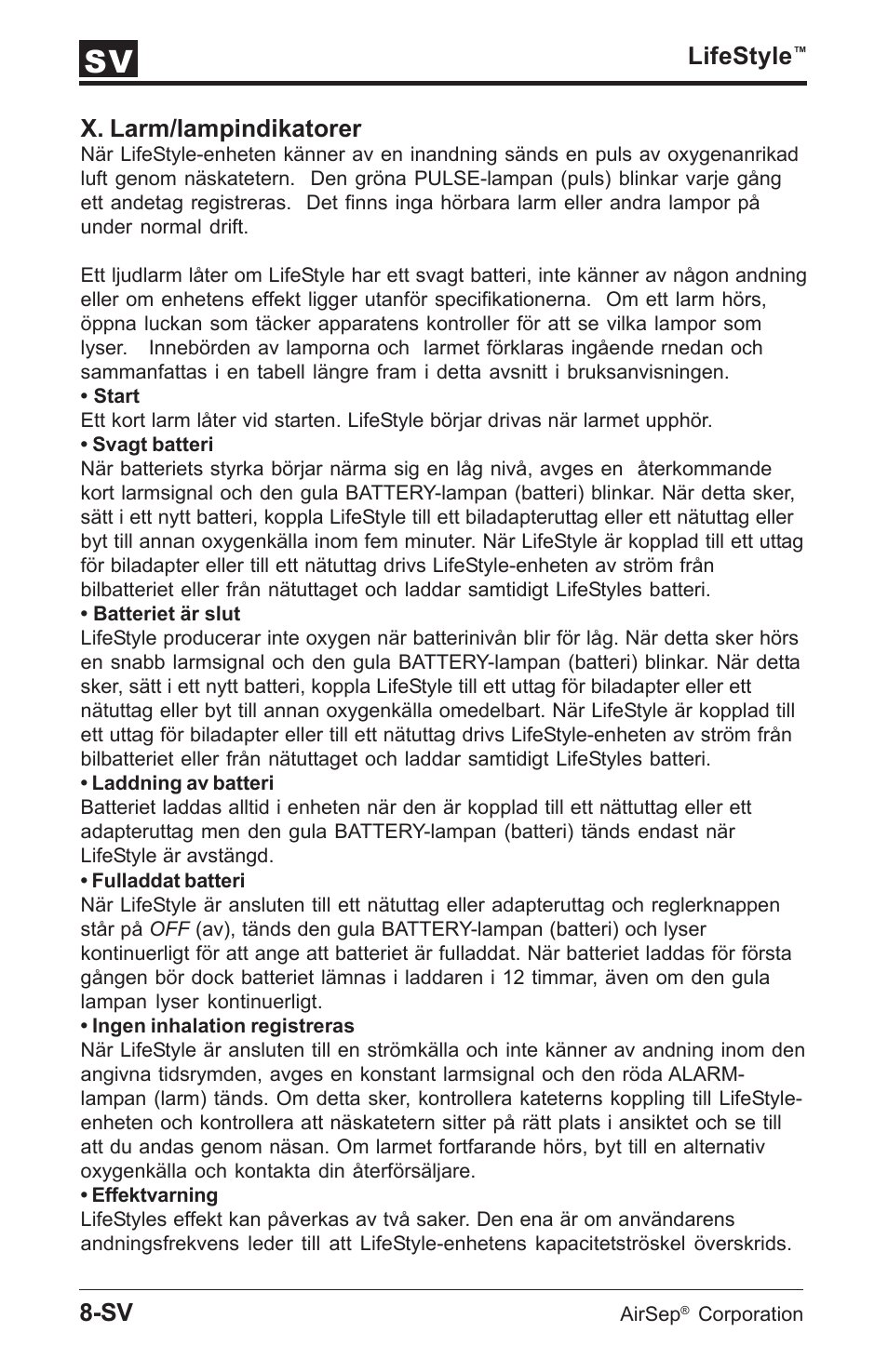 Lifestyle, X. larm/lampindikatorer | AirSep MN112-1 User Manual | Page 180 / 208