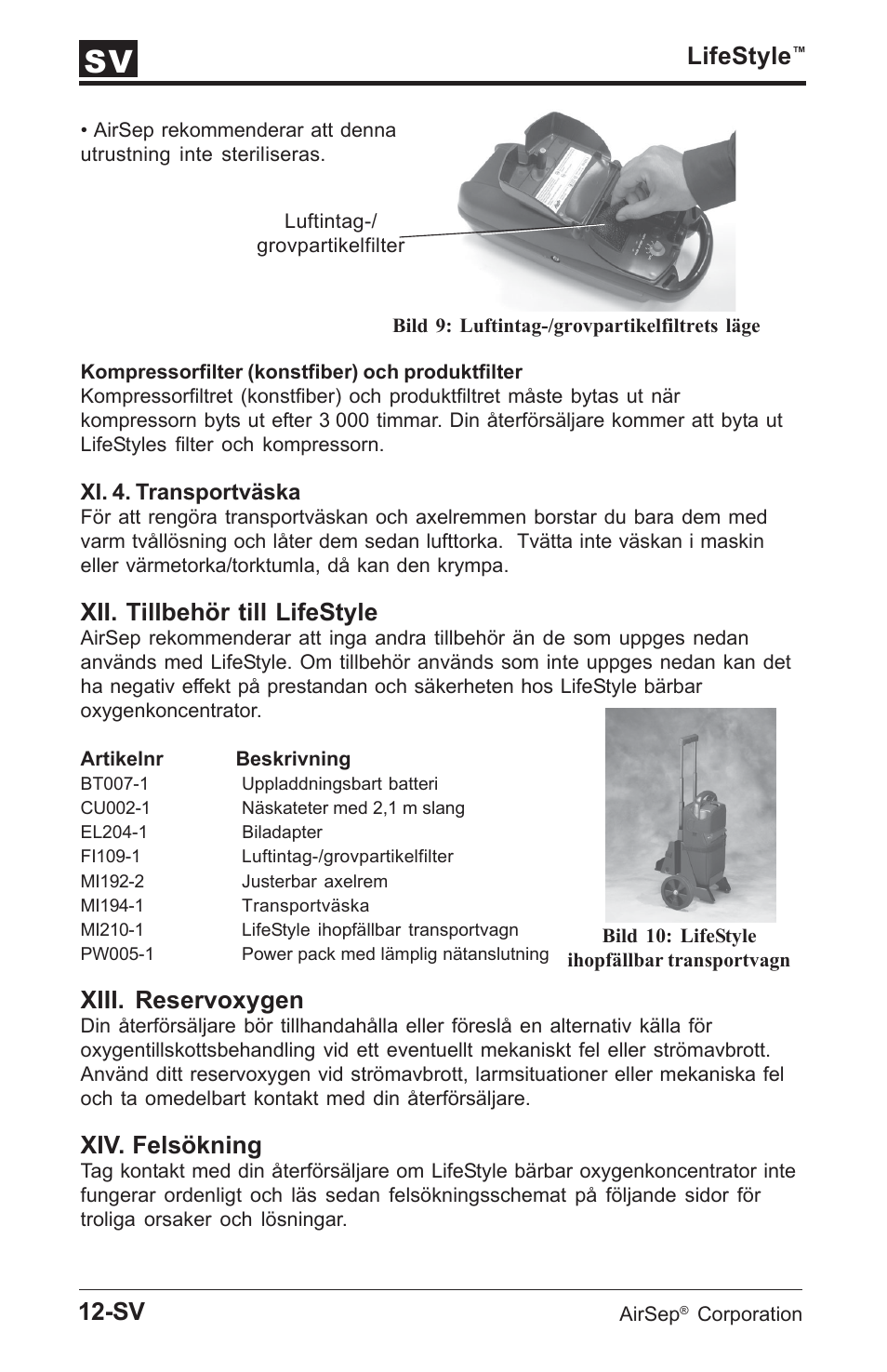 Lifestyle, Xii. tillbehör till lifestyle, Xiii. reservoxygen | Xiv. felsökning | AirSep MN112-1 User Manual | Page 184 / 208