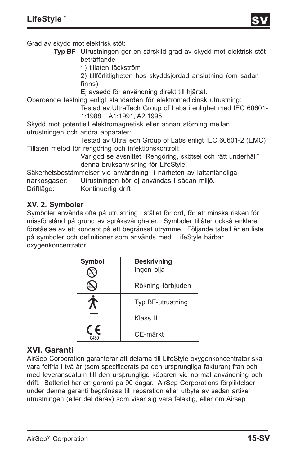 Lifestyle, Xvi. garanti | AirSep MN112-1 User Manual | Page 187 / 208