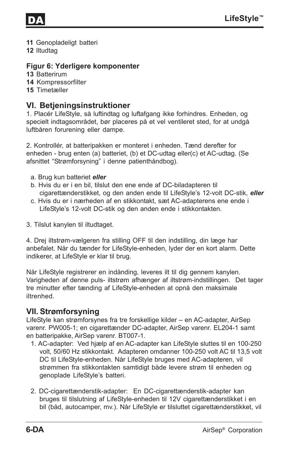 Lifestyle, Vi. betjeningsinstruktioner, Vii. strømforsyning | AirSep MN112-1 User Manual | Page 196 / 208