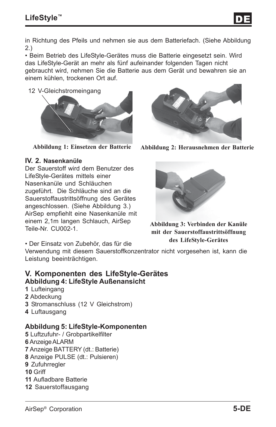 Lifestyle, V. komponenten des lifestyle-gerätes | AirSep MN112-1 User Manual | Page 31 / 208