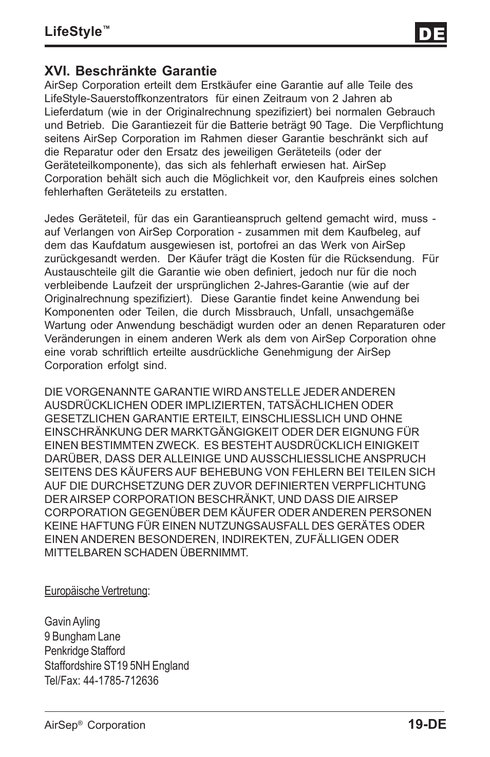 Lifestyle, Xvi. beschränkte garantie | AirSep MN112-1 User Manual | Page 45 / 208