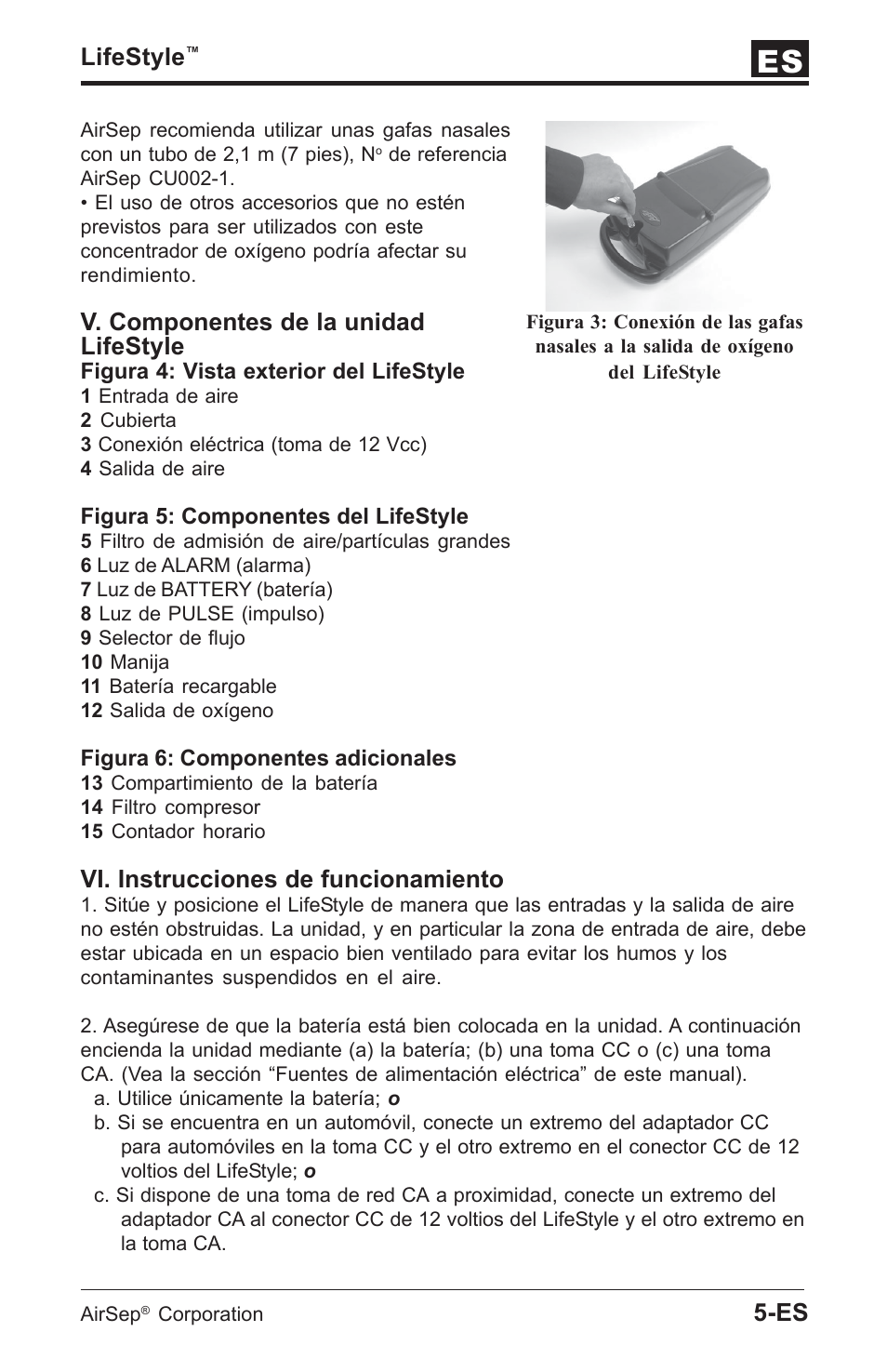 Lifestyle, V. componentes de la unidad lifestyle, Vi. instrucciones de funcionamiento | AirSep MN112-1 User Manual | Page 53 / 208