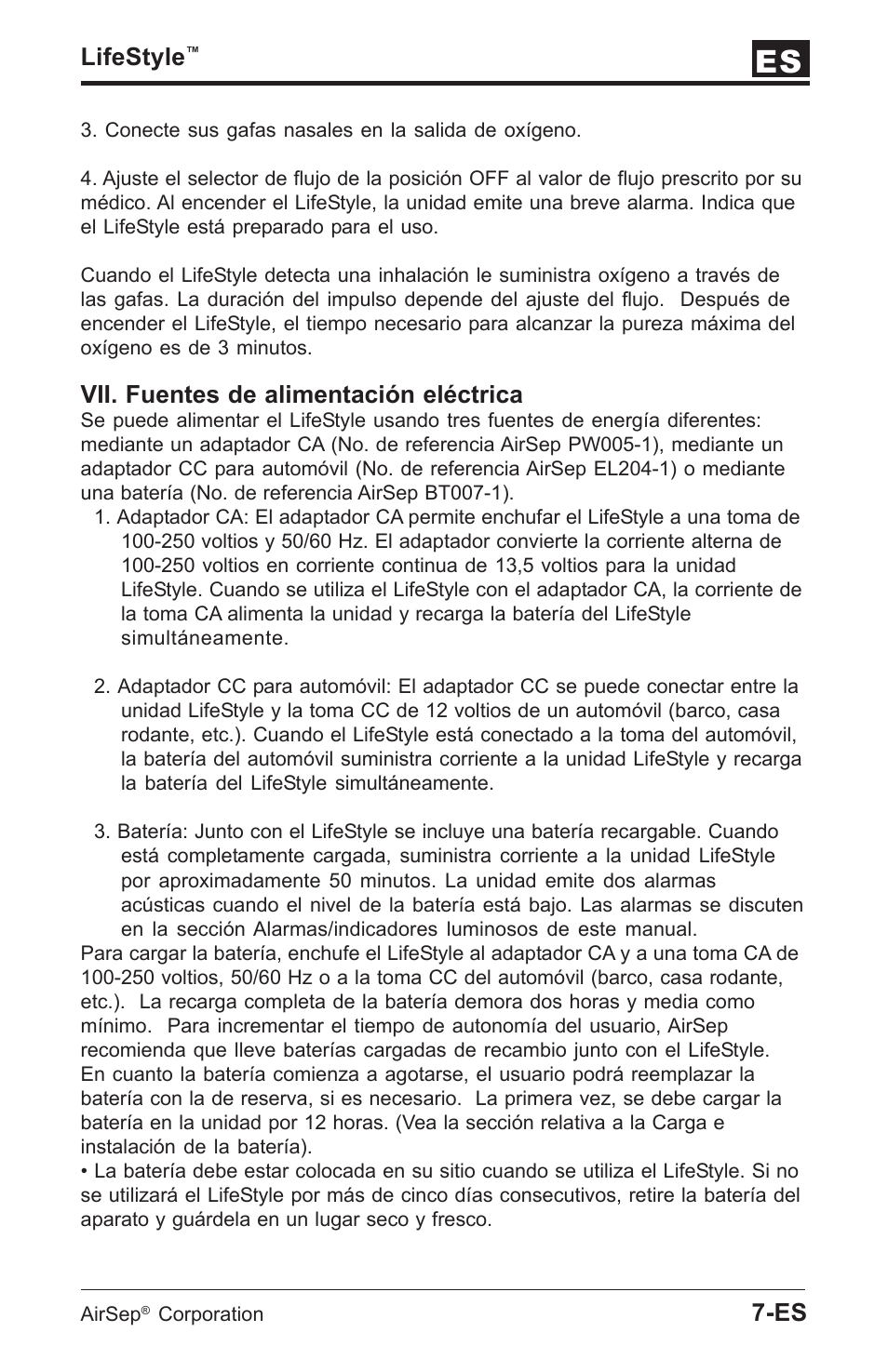 Lifestyle, Vii. fuentes de alimentación eléctrica | AirSep MN112-1 User Manual | Page 55 / 208