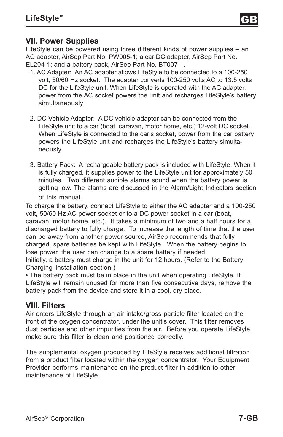 Lifestyle, Vii. power supplies, Viii. filters | AirSep MN112-1 User Manual | Page 97 / 208