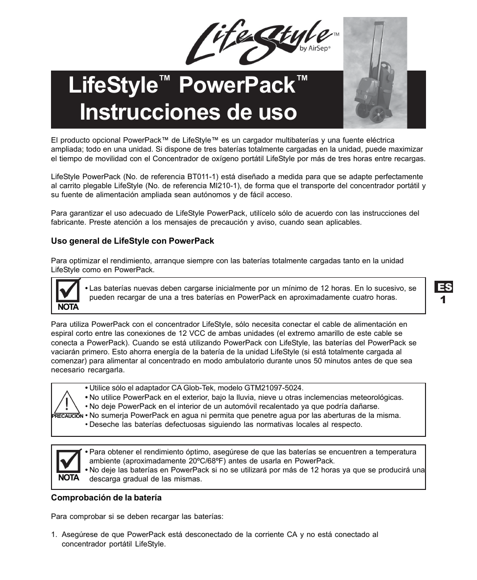 Lifestyle, Powerpack, Instrucciones de uso | AirSep MN120-1 User Manual | Page 11 / 44