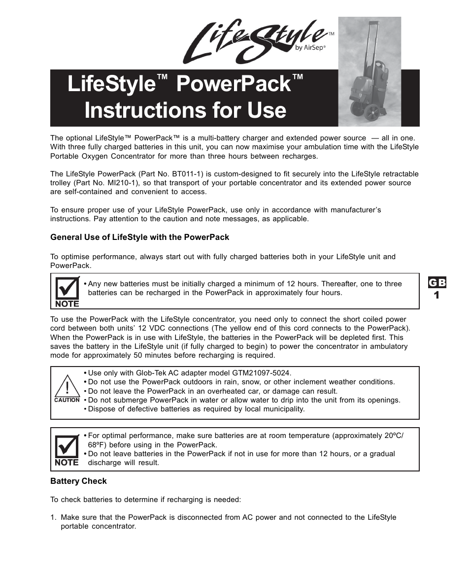 Lifestyle, Powerpack, Instructions for use | AirSep MN120-1 User Manual | Page 19 / 44