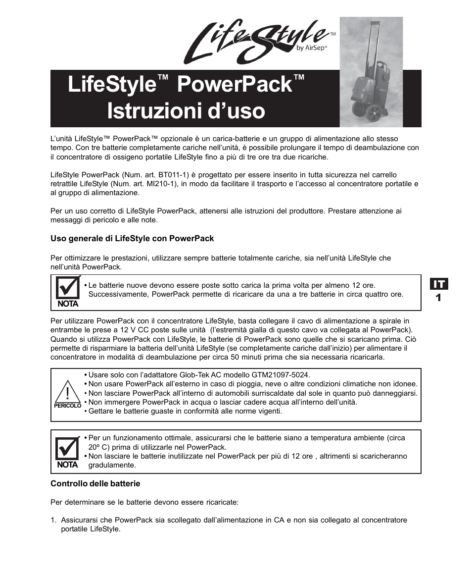 Lifestyle, Powerpack, Istruzioni d’uso | AirSep MN120-1 User Manual | Page 23 / 44
