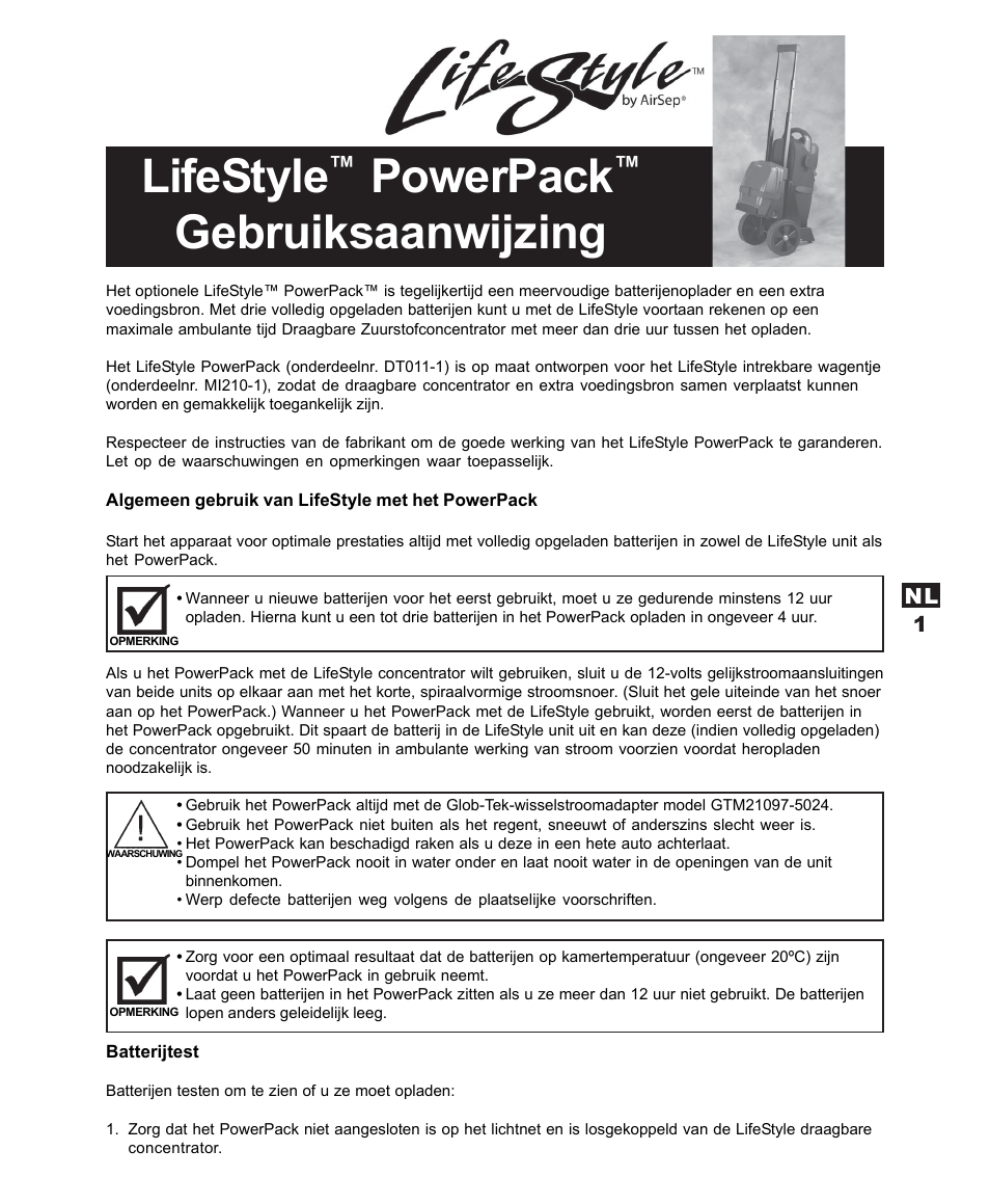 Lifestyle, Powerpack, Gebruiksaanwijzing | AirSep MN120-1 User Manual | Page 27 / 44