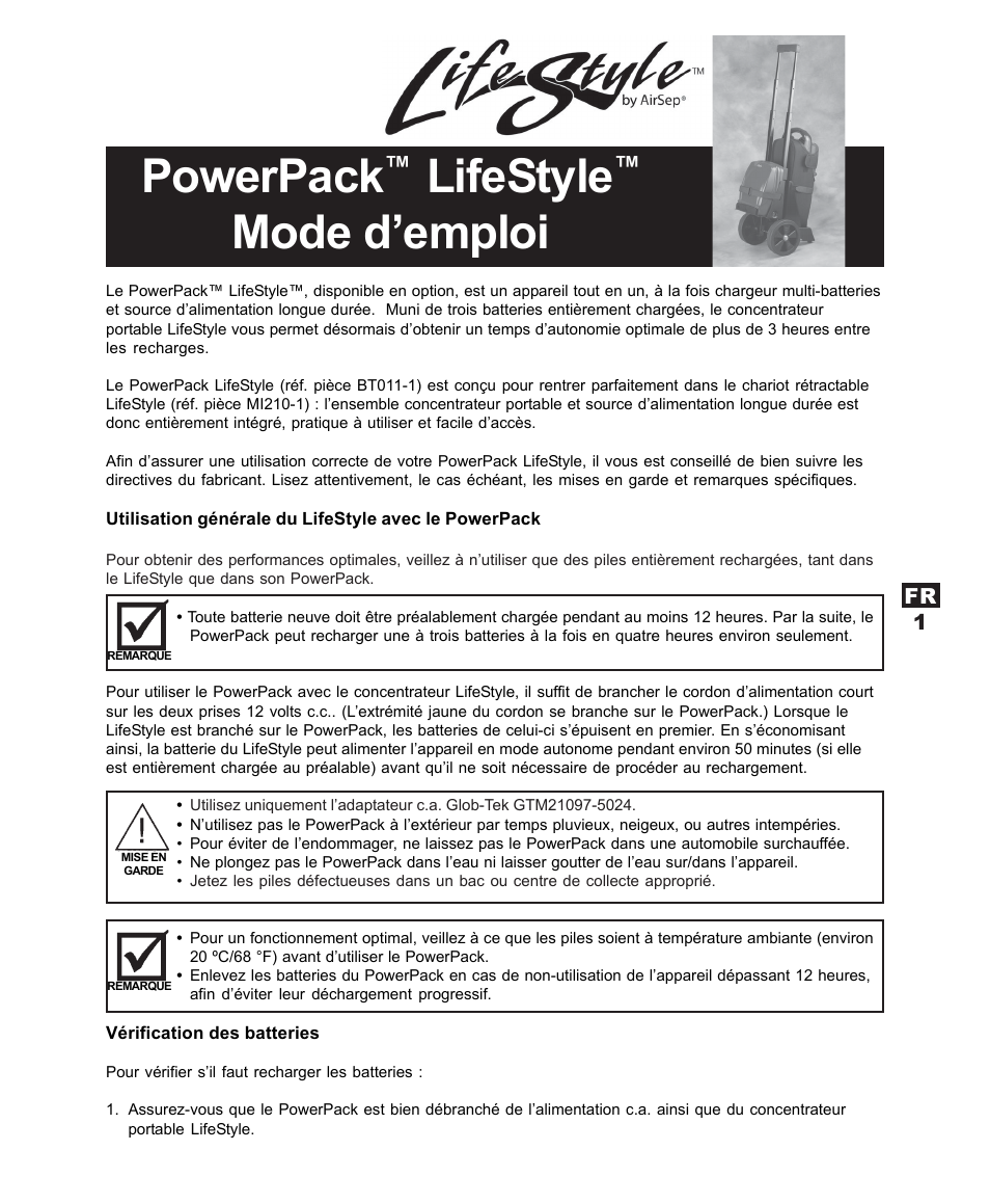 Powerpack, Lifestyle, Mode d’emploi | AirSep MN120-1 User Manual | Page 3 / 44