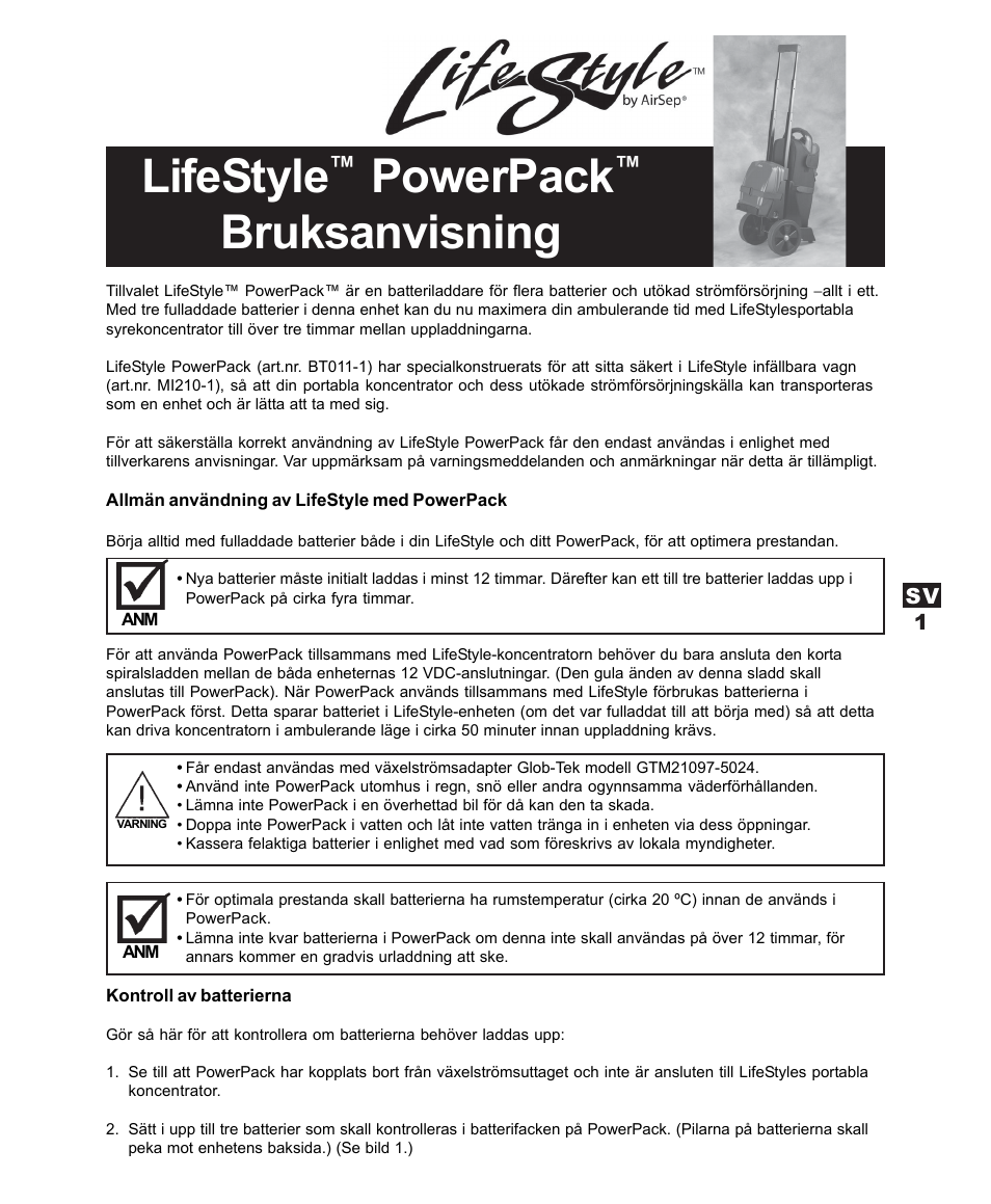 Lifestyle, Powerpack, Bruksanvisning | AirSep MN120-1 User Manual | Page 35 / 44