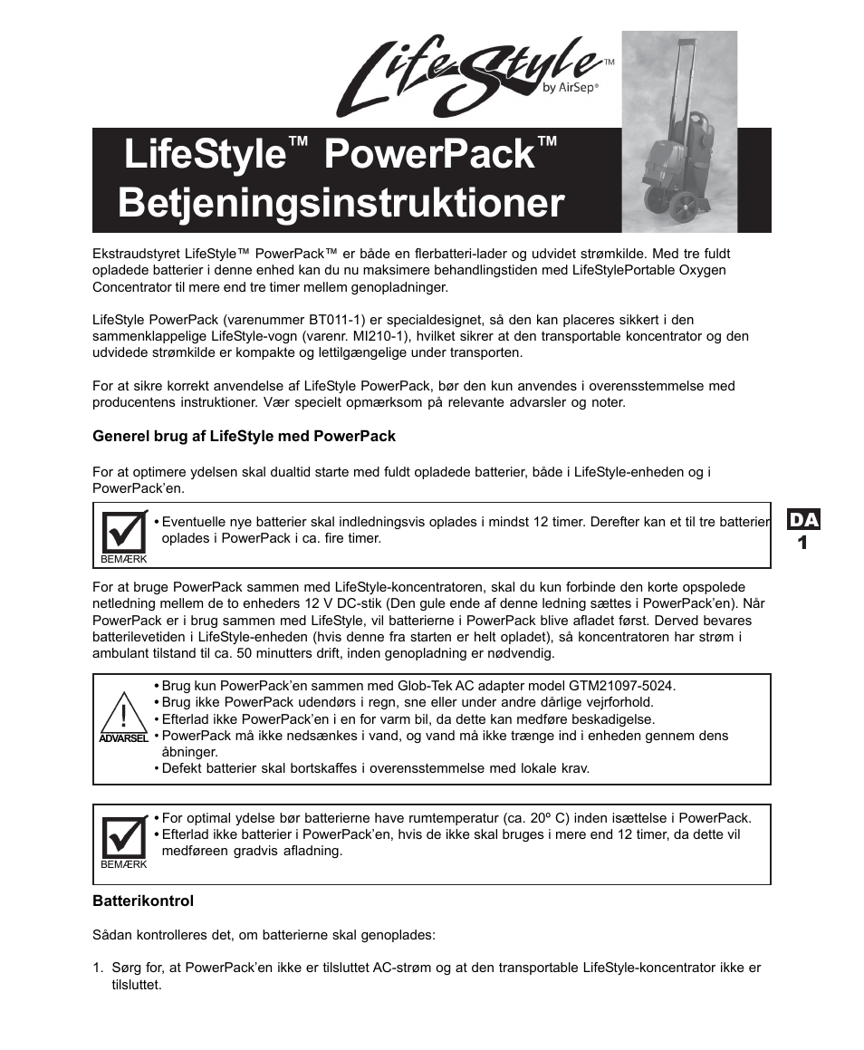 Lifestyle, Powerpack, Betjeningsinstruktioner | AirSep MN120-1 User Manual | Page 39 / 44