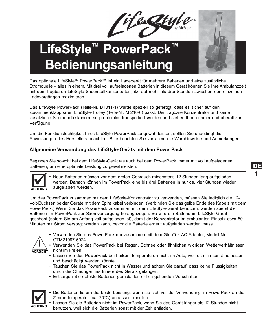 Lifestyle, Powerpack, Bedienungsanleitung | AirSep MN120-1 User Manual | Page 7 / 44