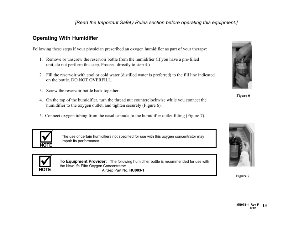 Operating with humidifier | AirSep MN078-1 F User Manual | Page 19 / 42