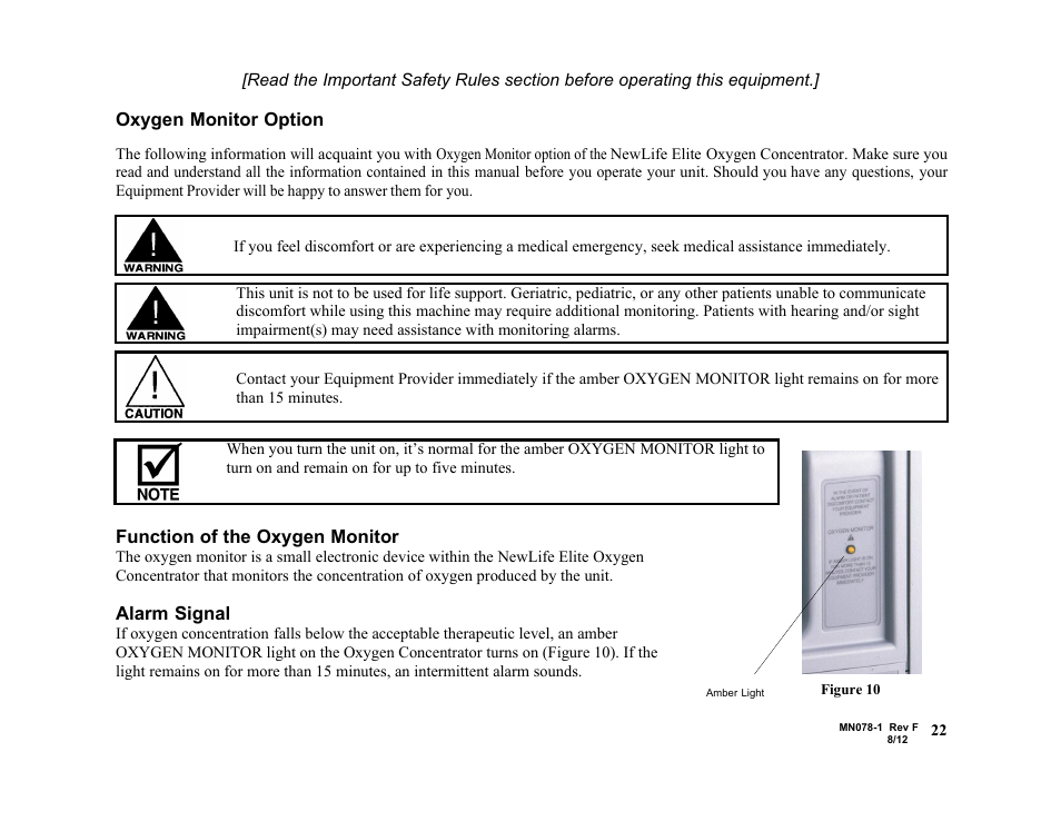 Oxygen monitor option, Function of the oxygen monitor, Alarm signal | AirSep MN078-1 F User Manual | Page 28 / 42