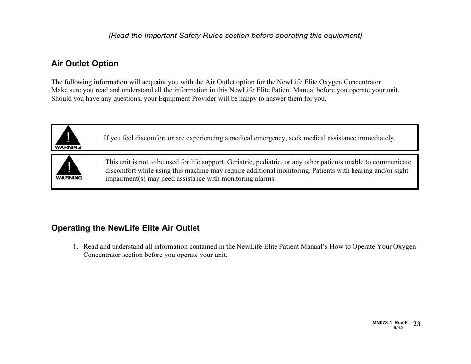 Air outlet option, Operating the newlife elite air outlet | AirSep MN078-1 F User Manual | Page 29 / 42