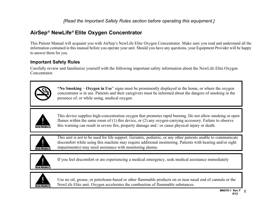 Airsep, Newlife, Elite oxygen concentrator | AirSep MN078-1 F User Manual | Page 7 / 42