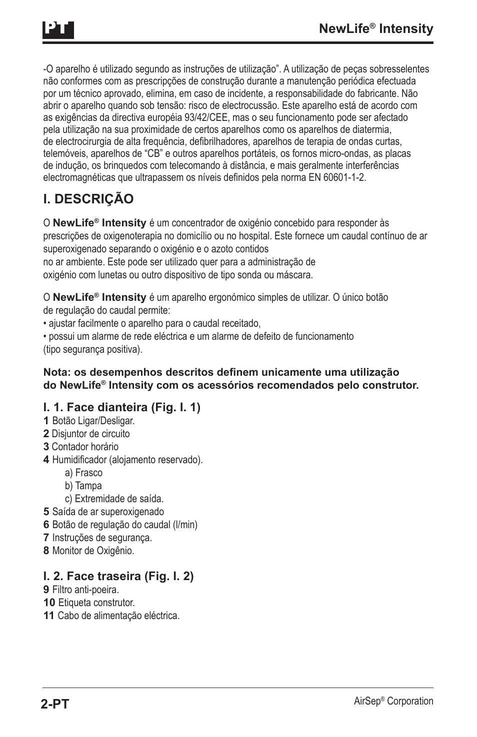 Newlife, Intensity, I. descrição | AirSep MN139-1 User Manual | Page 104 / 144