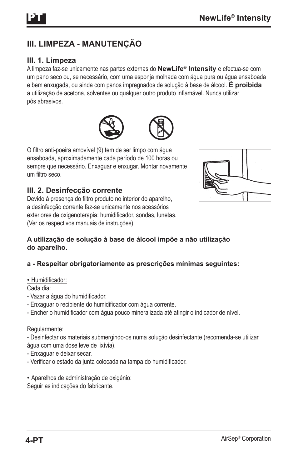 Newlife, Intensity iii. limpeza - manutenção | AirSep MN139-1 User Manual | Page 106 / 144
