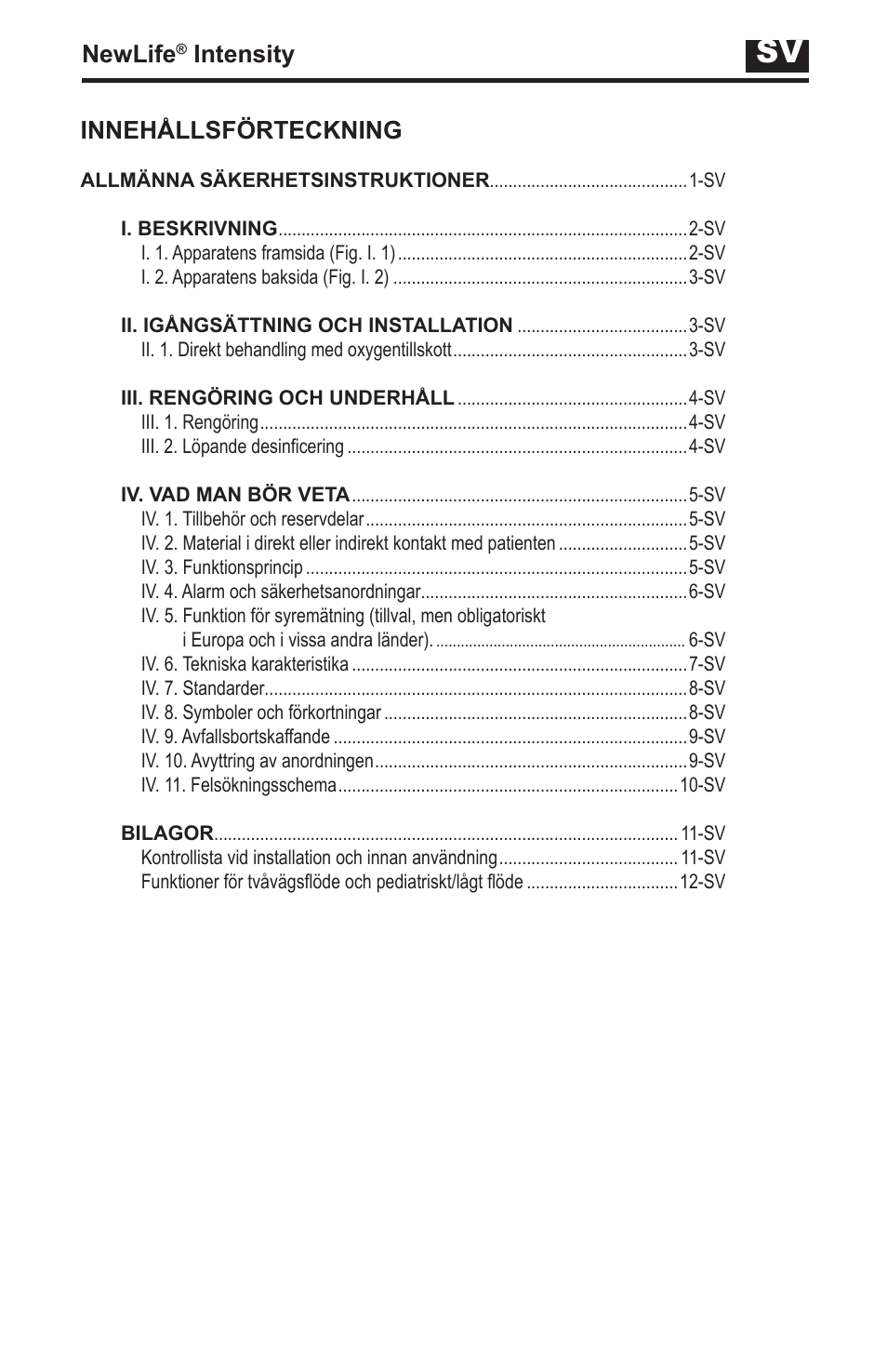 Newlife, Intensity, Innehållsförteckning | AirSep MN139-1 User Manual | Page 115 / 144