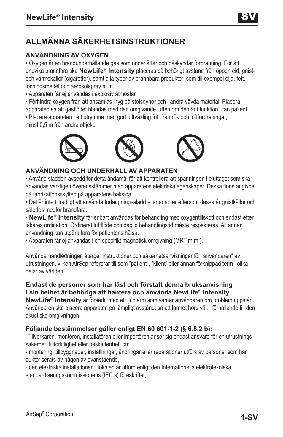 Newlife, Intensity, Allmänna säkerhetsinstruktioner | AirSep MN139-1 User Manual | Page 117 / 144