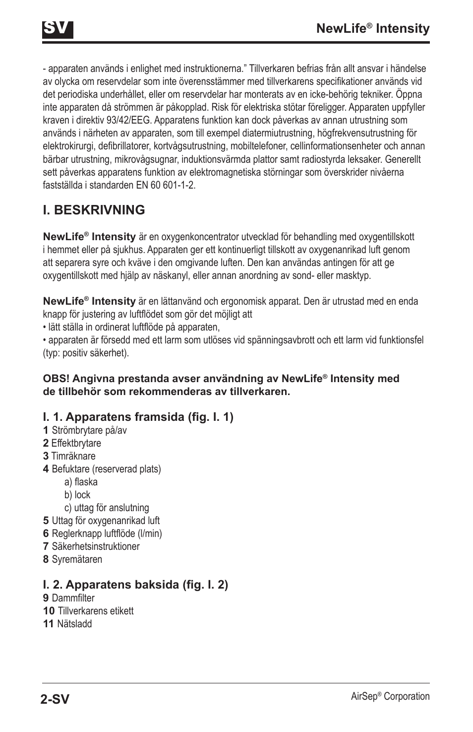 Newlife, Intensity 2-sv, I. beskrivning | AirSep MN139-1 User Manual | Page 118 / 144