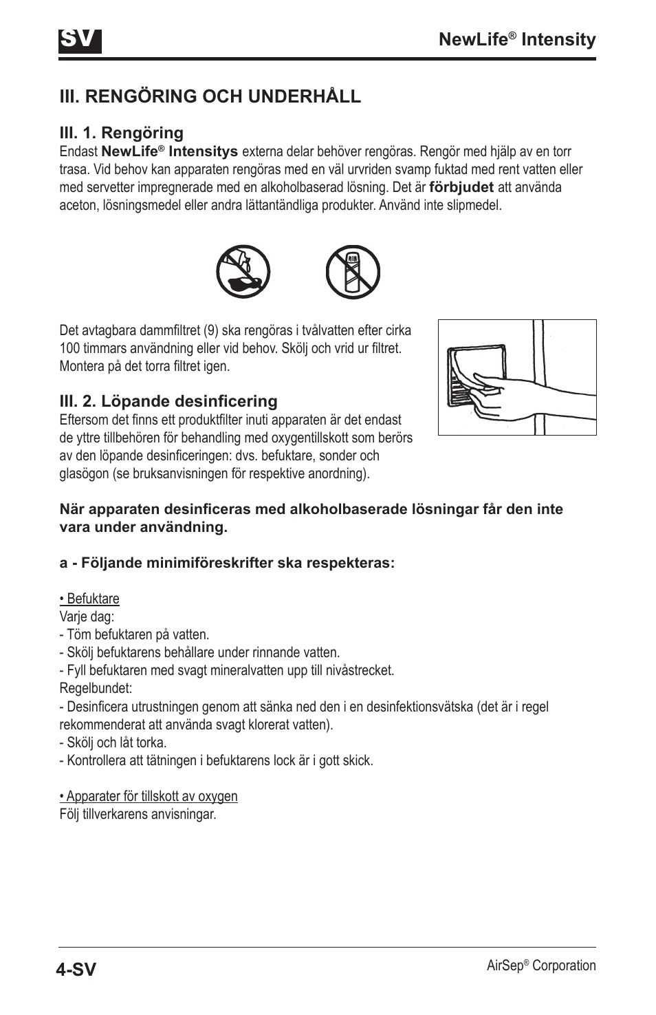 Newlife, Intensity iii. rengöring och underhåll | AirSep MN139-1 User Manual | Page 120 / 144