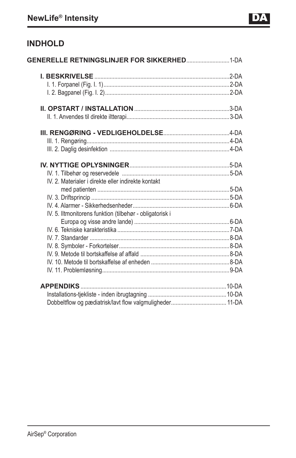 Newlife, Intensity, Indhold | AirSep MN139-1 User Manual | Page 129 / 144