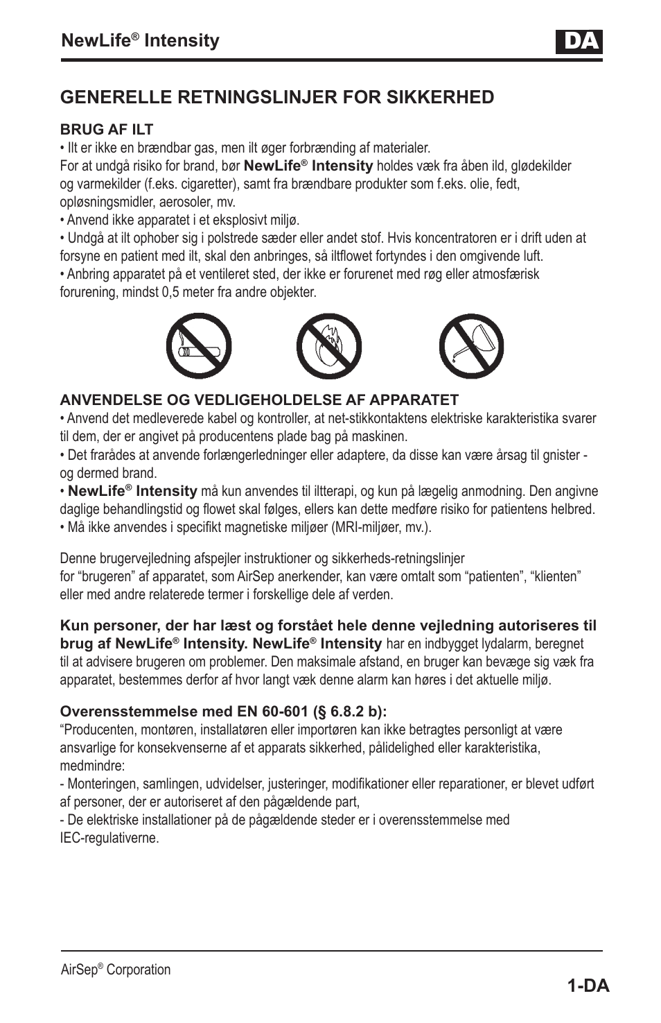 Newlife, Intensity, Generelle retningslinjer for sikkerhed | AirSep MN139-1 User Manual | Page 131 / 144