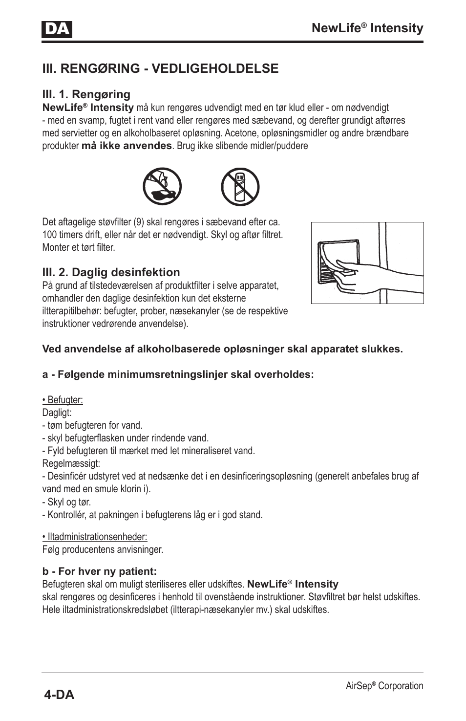 Newlife, Intensity iii. rengøring - vedligeholdelse | AirSep MN139-1 User Manual | Page 134 / 144