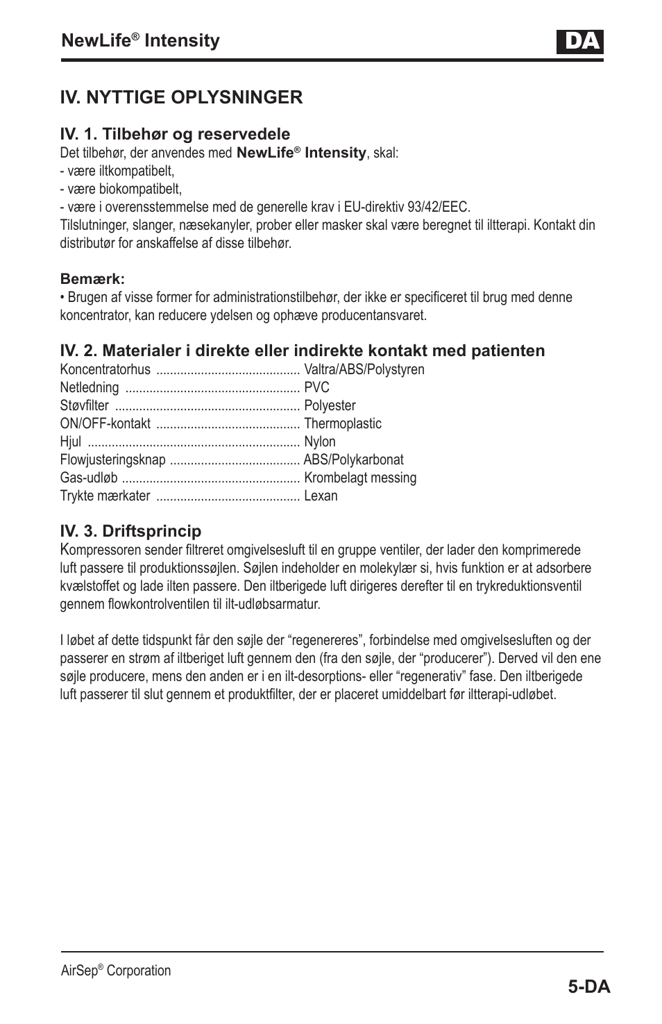 Newlife, Intensity, Iv. nyttige oplysninger | AirSep MN139-1 User Manual | Page 135 / 144