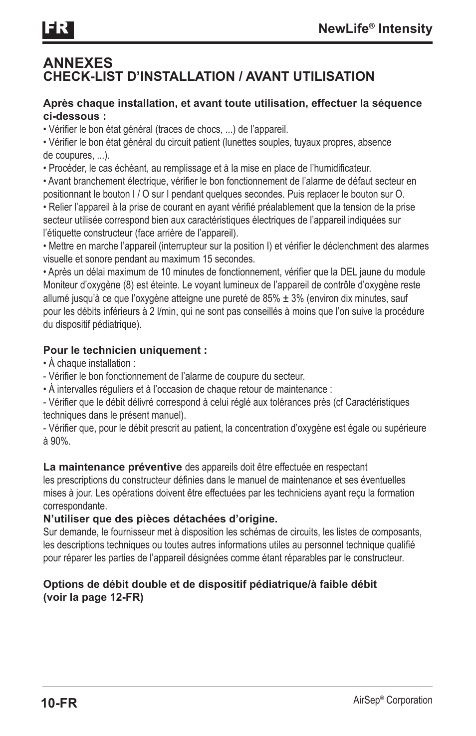 Annexes, Newlife, Intensity | Check-list d’installation / avant utilisation | AirSep MN139-1 User Manual | Page 14 / 144