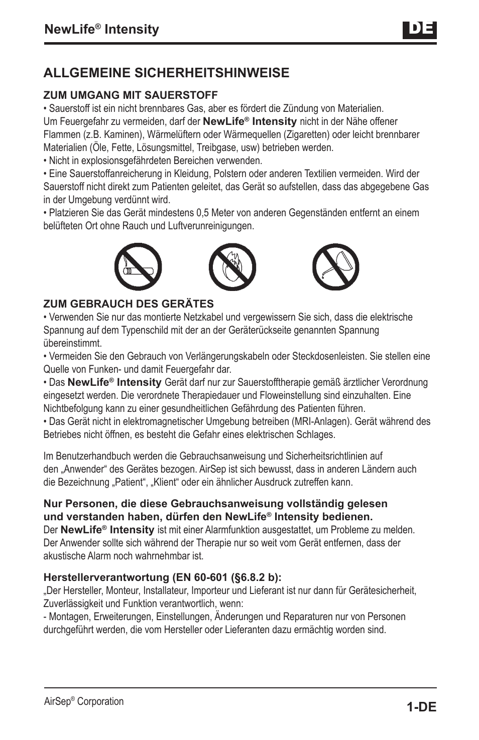 Newlife, Intensity, Allgemeine sicherheitshinweise | AirSep MN139-1 User Manual | Page 19 / 144