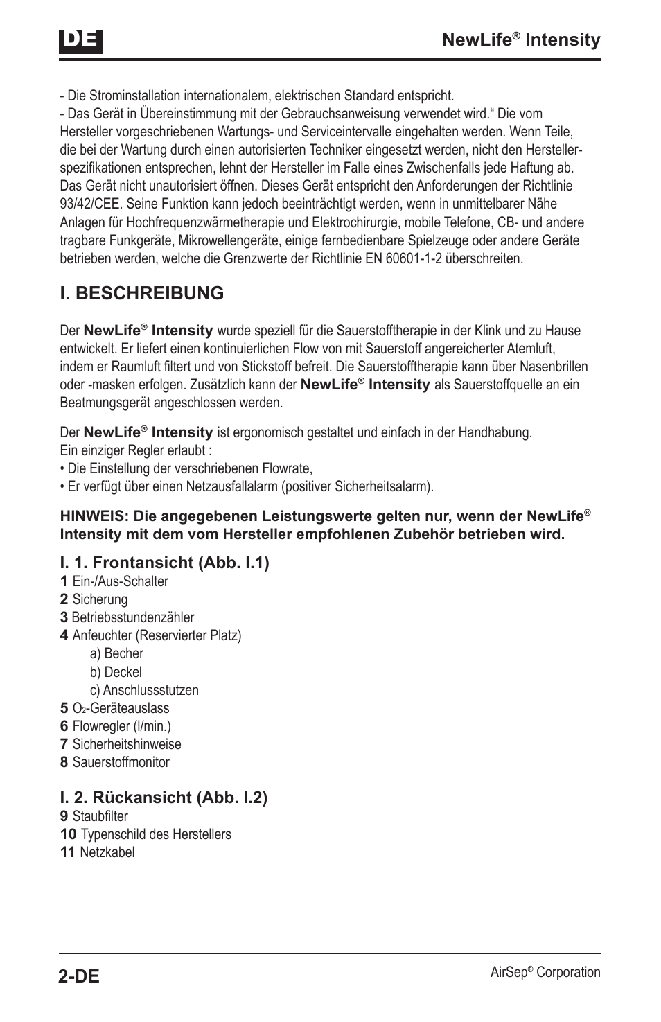 Newlife, Intensity, I. beschreibung | AirSep MN139-1 User Manual | Page 20 / 144