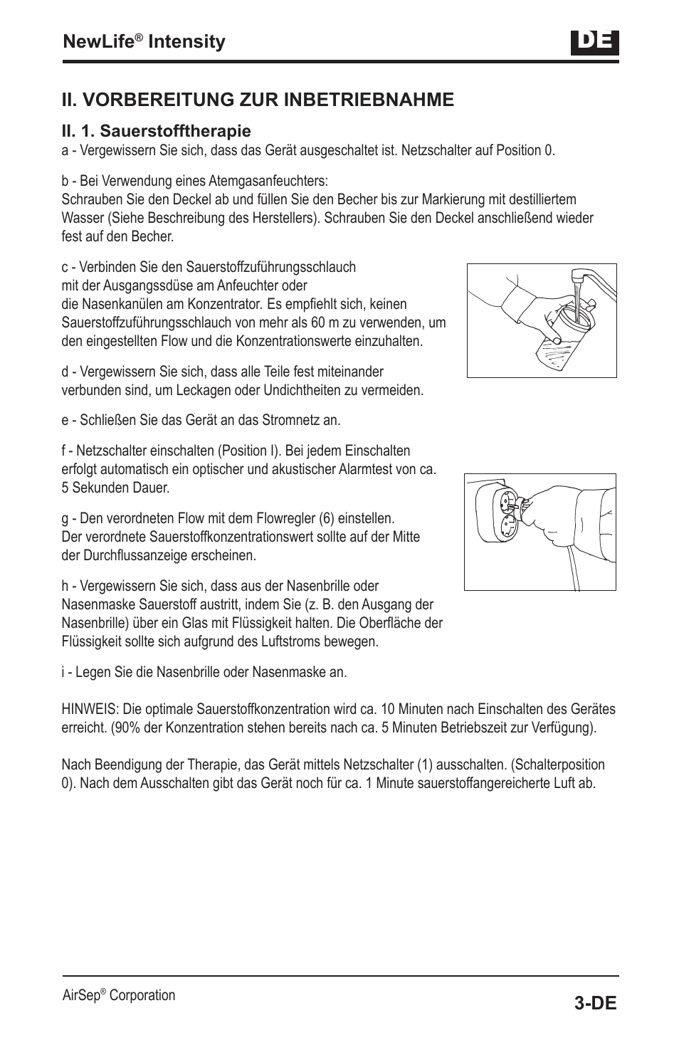 Newlife, Intensity, Ii. vorbereitung zur inbetriebnahme | AirSep MN139-1 User Manual | Page 21 / 144