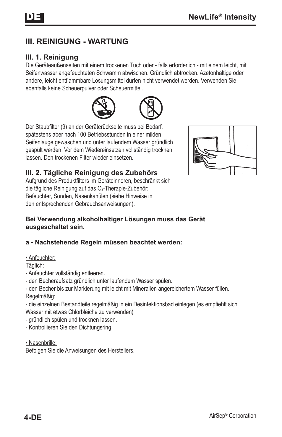 Newlife, Intensity iii. reinigung - wartung | AirSep MN139-1 User Manual | Page 22 / 144