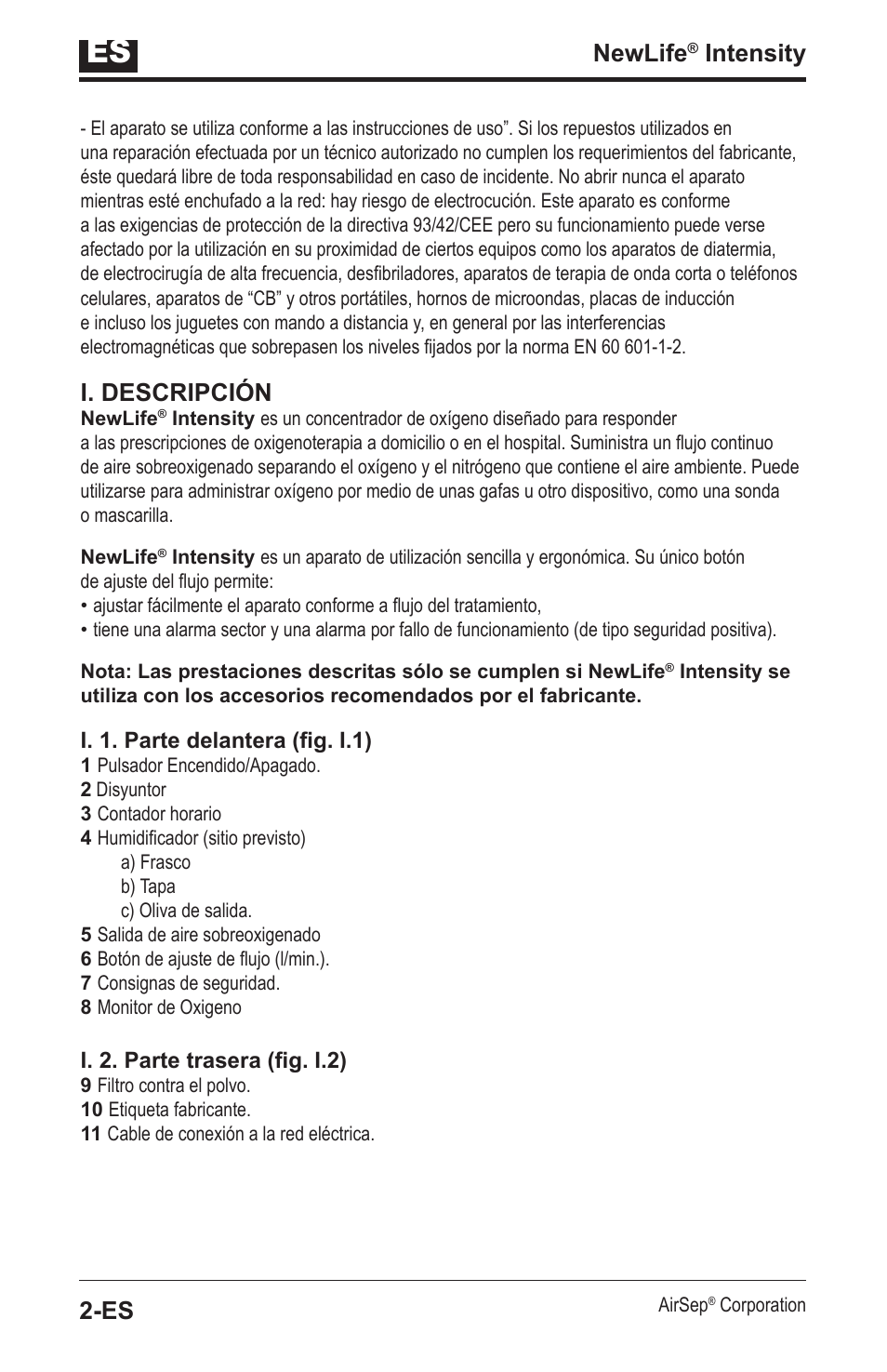 Newlife, Intensity, I. descripción | AirSep MN139-1 User Manual | Page 34 / 144