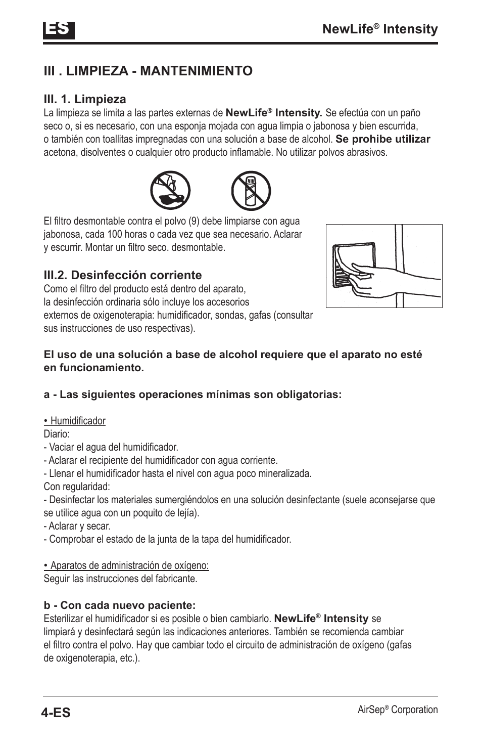 Newlife, Intensity iii . limpieza - mantenimiento | AirSep MN139-1 User Manual | Page 36 / 144