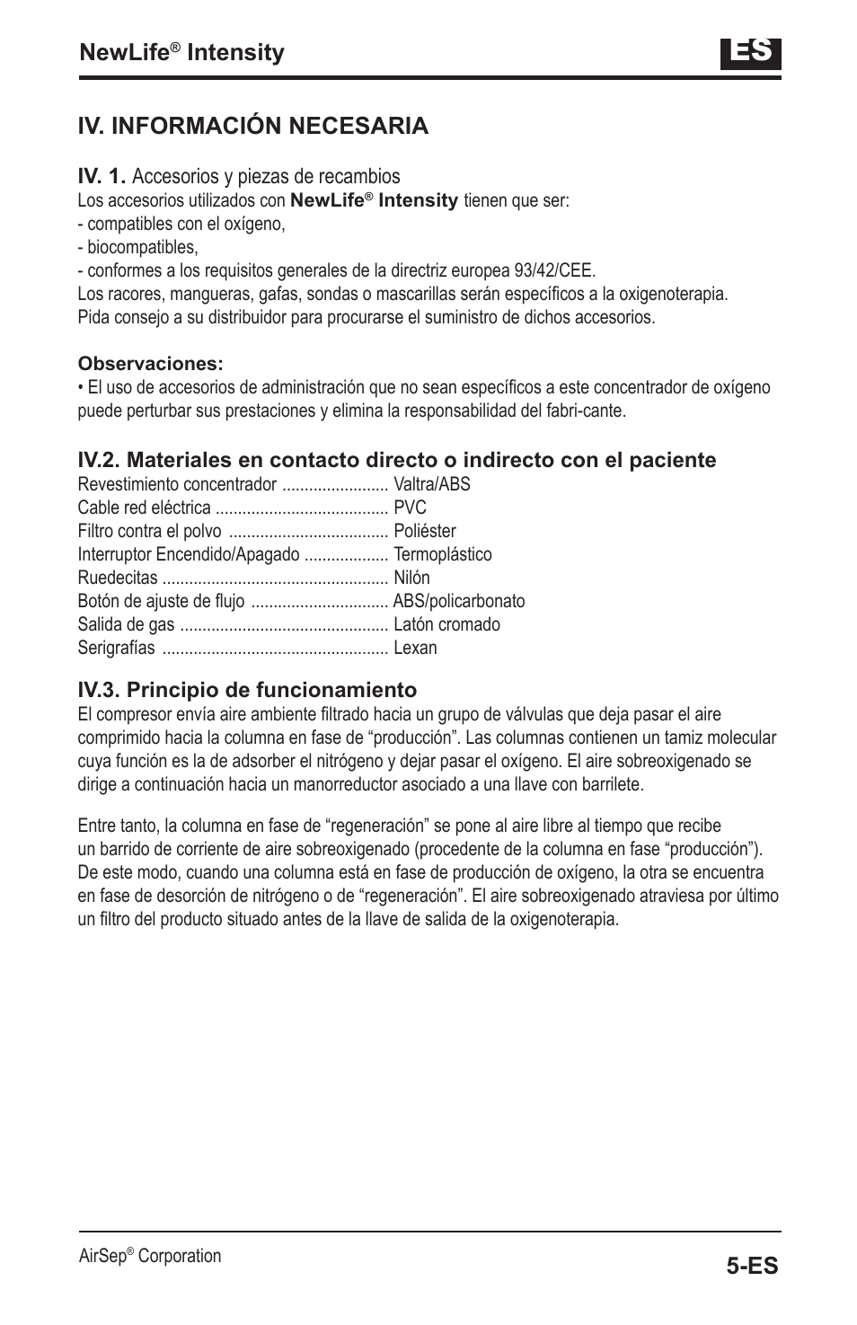 Newlife, Intensity, Iv. información necesaria | AirSep MN139-1 User Manual | Page 37 / 144